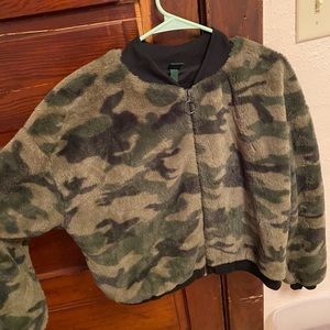 Fuzzy camo bomber